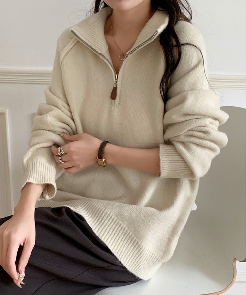 Maison Calme(メゾンカルム)の「ハーフジップニットプルオーバー ふわもち素材 ビンテージ風ジップ スタンドカラー(ニット/セーター・レディース・ホワイト/ワイン/ブラック/ベージュ/グレー・F)」の7枚目の写真
