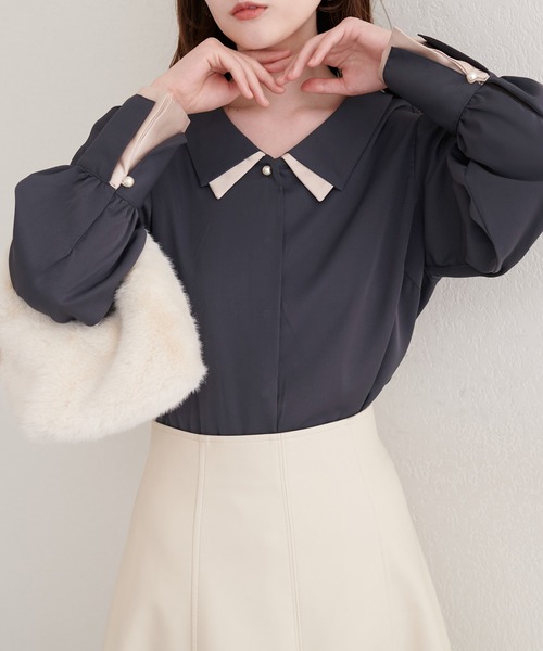 natural couture（ナチュラルクチュール）の「〈osono〉重ね衿配色ブラウス（シャツ/ブラウス・レディース・チャコールグレー/ネイビー/モカ/サックスブルー/ラベンダー/オフホワイト・FREE）」の12枚目の写真