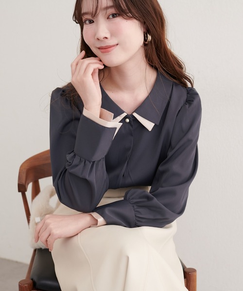 natural couture（ナチュラルクチュール）の「〈osono〉重ね衿配色ブラウス（シャツ/ブラウス・レディース・チャコールグレー/ネイビー/モカ/サックスブルー/ラベンダー/オフホワイト・FREE）」の14枚目の写真