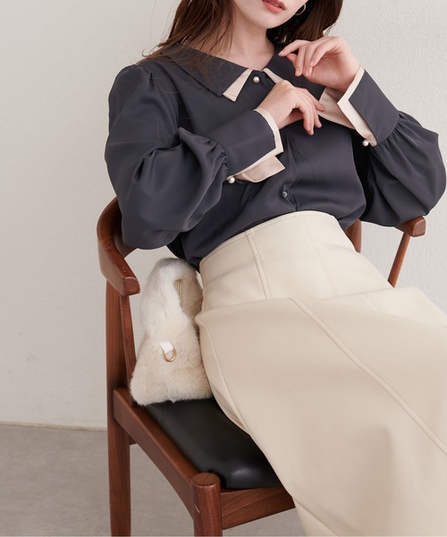 natural couture（ナチュラルクチュール）の「〈osono〉重ね衿配色ブラウス（シャツ/ブラウス・レディース・チャコールグレー/ネイビー/モカ/サックスブルー/ラベンダー/オフホワイト・FREE）」の15枚目の写真