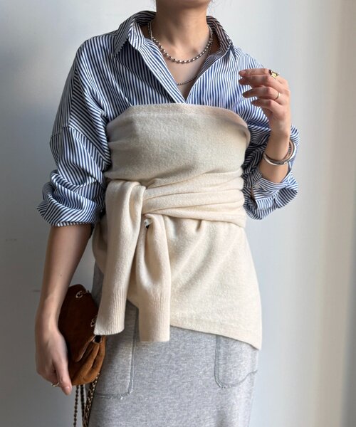 DouDou（ドゥドゥ）の「ウールマルチWAYストール（ストール/ショール・レディース・オフホワイト/チャコールグレー/ブラウン・FREE）」の6枚目の写真