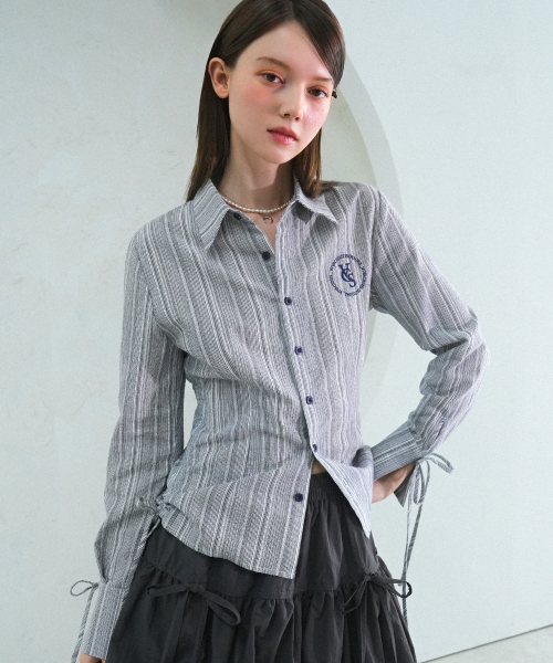 Vivacious（ビバシャス）の「Sweet Ribbon Shirring Shirt_5Colors（シャツ/ブラウス・レディース・ライトブルー/スカイブルー/ベージュ/ネイビー/ホワイト×ブルー・SMALL/MEDIUM）」の10枚目の写真