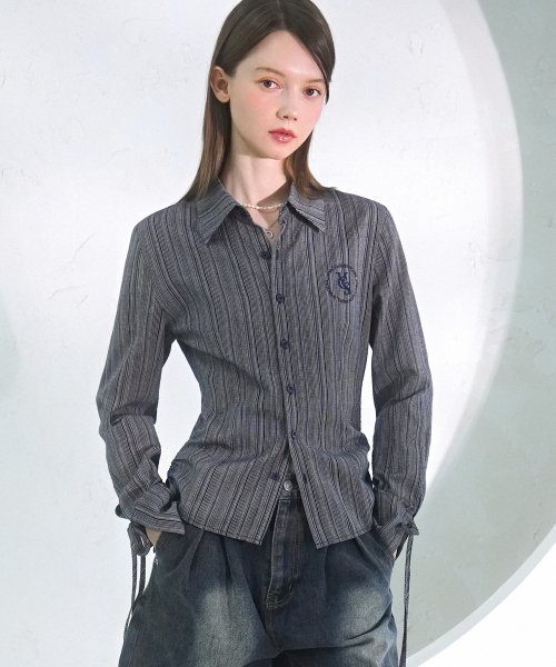 Vivacious（ビバシャス）の「Sweet Ribbon Shirring Shirt_5Colors（シャツ/ブラウス・レディース・ライトブルー/スカイブルー/ベージュ/ネイビー/ホワイト×ブルー・SMALL/MEDIUM）」の11枚目の写真