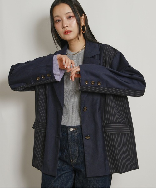 palm RICHE(ポームリシュ)の「ストライプブロッキングオーバージャケット(テーラードジャケット・レディース・ネイビー/ベージュ/グレー・M)」の10枚目の写真