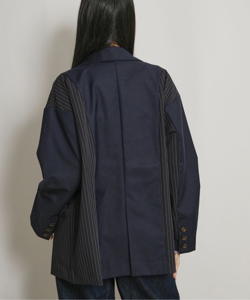 palm RICHE(ポームリシュ)の「ストライプブロッキングオーバージャケット(テーラードジャケット・レディース・ネイビー/ベージュ/グレー・M)」の17枚目の写真