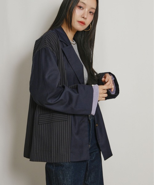palm RICHE(ポームリシュ)の「ストライプブロッキングオーバージャケット(テーラードジャケット・レディース・ネイビー/ベージュ/グレー・M)」の16枚目の写真