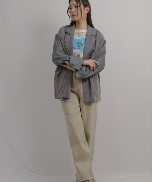 palm RICHE(ポームリシュ)の「ストライプブロッキングオーバージャケット(テーラードジャケット・レディース・ネイビー/ベージュ/グレー・M)」の7枚目の写真