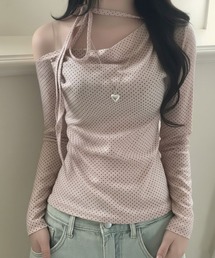 SHEPP | 【26年春新作】ストラップチョーカー付ドット柄ワンショルトップス(Tシャツ/カットソー)