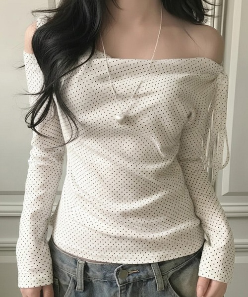 SHEPP(シープ)の「【26年春新作】ストラップチョーカー付ドット柄ワンショルトップス(Tシャツ/カットソー・レディース・ホワイト/ピンク・L/M)」の9枚目の写真