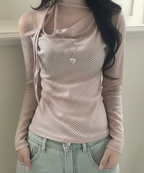 SHEPP(シープ)の「【26年春新作】ストラップチョーカー付ドット柄ワンショルトップス(Tシャツ/カットソー・レディース・ホワイト/ピンク・L/M)」の10枚目の写真