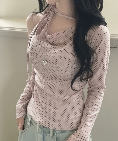 SHEPP(シープ)の「【26年春新作】ストラップチョーカー付ドット柄ワンショルトップス(Tシャツ/カットソー・レディース・ホワイト/ピンク・L/M)」の11枚目の写真