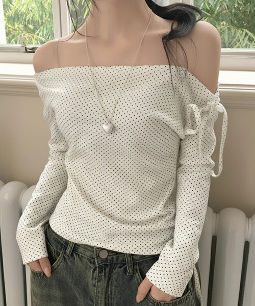 SHEPP(シープ)の「【26年春新作】ストラップチョーカー付ドット柄ワンショルトップス(Tシャツ/カットソー・レディース・ホワイト/ピンク・L/M)」の18枚目の写真