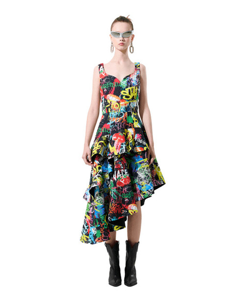 GREEDILOUS(グリディアス)の「Black Graffiti Unbalanced Ruffle A-Line Dress(ワンピース・レディース・その他・SMALL/MEDIUM/LARGE/X-SMALL)」の1枚目の写真