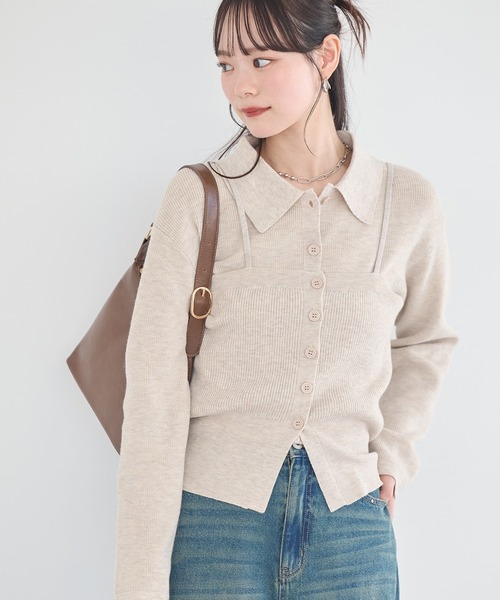 earth music&ecology(アースミュージックアンドエコロジー)の「襟付きニットアンサンブル(ニット/セーター・レディース・ブルー/グレイッシュベージュ/ブラック・FREE)」の3枚目の写真