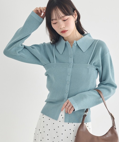 earth music&ecology(アースミュージックアンドエコロジー)の「襟付きニットアンサンブル(ニット/セーター・レディース・ブルー/グレイッシュベージュ/ブラック・FREE)」の1枚目の写真