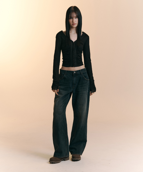 PLEASENOFOLLOW（プリーズノーフォロー）の「25Damaged Washing Wide Denim (Washed Deep Blue)（デニムパンツ・レディース・その他・SMALL/MEDIUM/LARGE）」の2枚目の写真