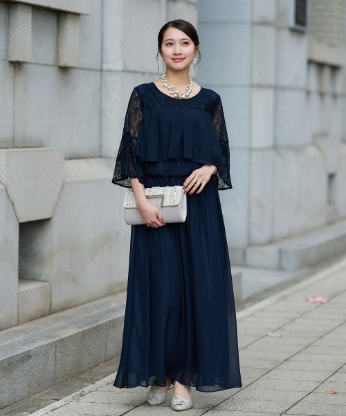 ネイビー レーススリーブ ドレス 38サイズ セール】フレアデティールレーススリーブドレス＜大きいサイズ