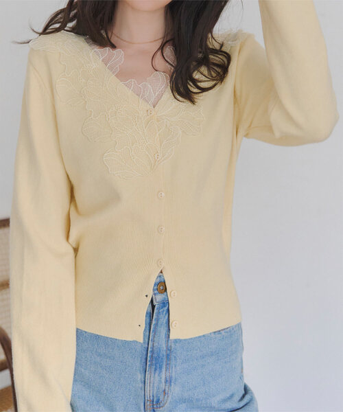 KOBE LETTUCE（コウベレタス）の「襟レースニットカーディガン（カーディガン/ボレロ・レディース・グレー/ホワイト/イエロー・M）」の3枚目の写真