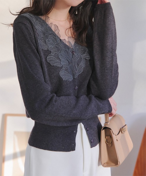 ♡新品♡タグ付き♡ バテンレース衿カーディガン♡グレー♡ Bab / Bou Jeloud｜レース衿付きショートニットカーディガン | Rakuten
