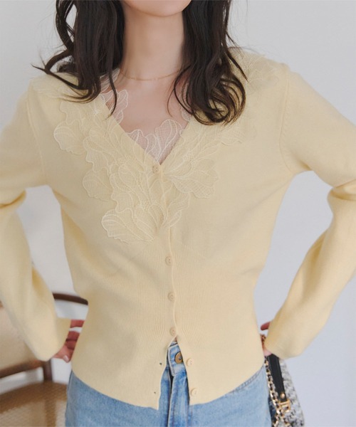 KOBE LETTUCE（コウベレタス）の「襟レースニットカーディガン（カーディガン/ボレロ・レディース・グレー/ホワイト/イエロー・M）」の8枚目の写真