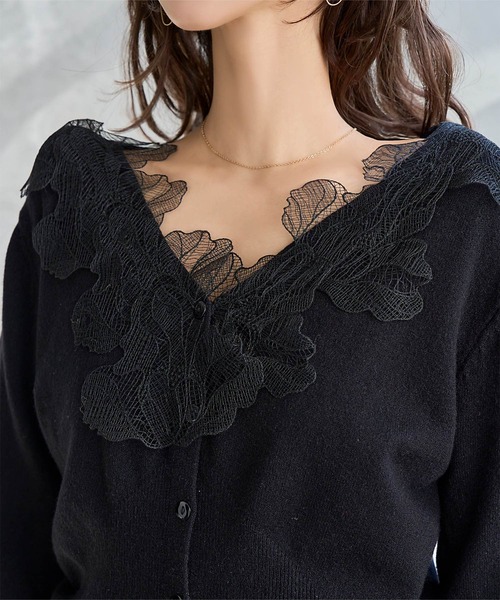 KOBE LETTUCE（コウベレタス）の「襟レースニットカーディガン（カーディガン/ボレロ・レディース・グレー/ホワイト/イエロー/サックスブルー/ブラック/ベージュ/ラベンダー・M）」の8枚目の写真