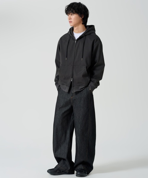 OWSA(オウサ)の「ステッチカーブワイドデニムパンツ 2カラー(デニムパンツ・メンズ・ブラック/ダークブルー・MEDIUM/X-LARGE/LARGE)」の5枚目の写真