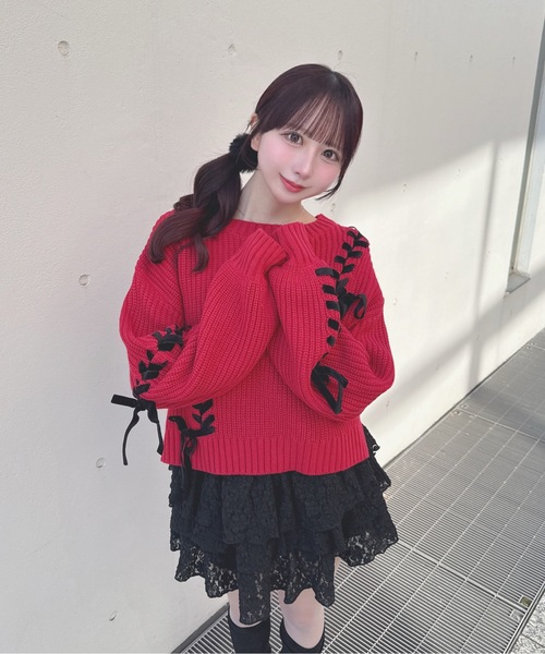 one way（ワンウェイ）の「ショートレーシングニット（ニット/セーター・レディース・グレー/ベージュ/ホワイト/レッド・FREE）」の4枚目の写真