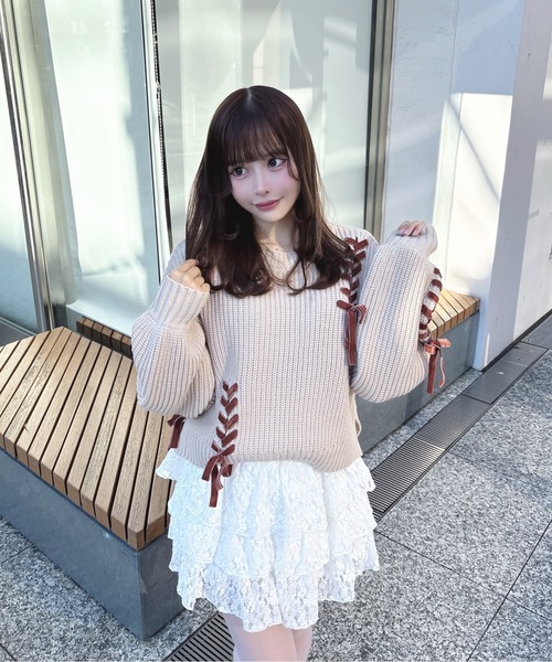 one way（ワンウェイ）の「ショートレーシングニット（ニット/セーター・レディース・グレー/ベージュ/ホワイト/レッド・FREE）」の13枚目の写真