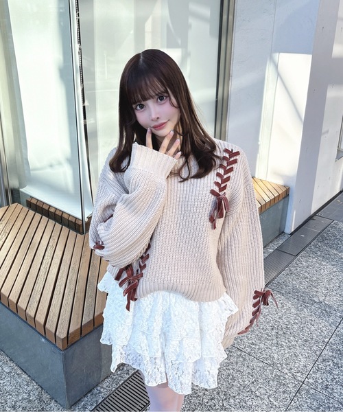 one way（ワンウェイ）の「ショートレーシングニット（ニット/セーター・レディース・グレー/ベージュ/ホワイト/レッド・FREE）」の14枚目の写真