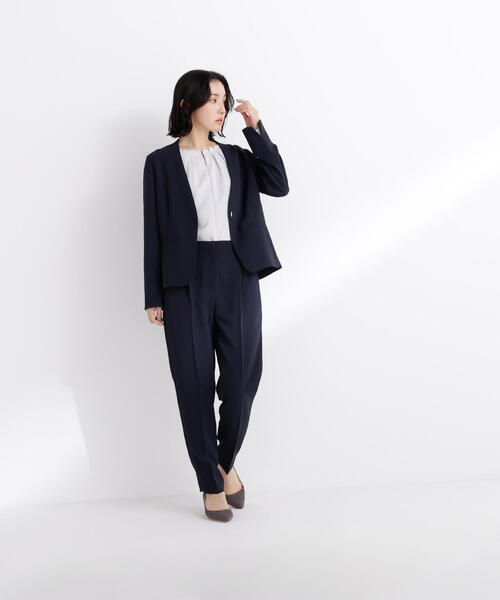 NATURALBEAUTYBASIC ネイビーパンツスーツ セットノーカラー ◇ドビーツイル SETUP テーパードパンツ（スラックス）｜NATURAL
