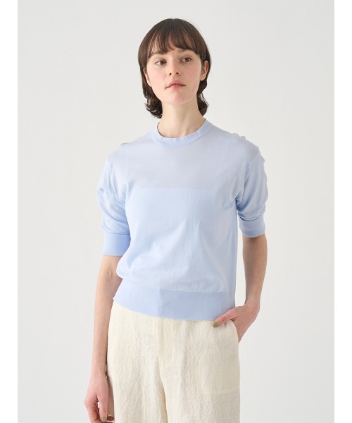 JOHN SMEDLEY(ジョンスメドレー)の「ターンバック5分袖コットンニットプルオーバー(ニット/セーター・レディース・ブルー系1・S/M)」の1枚目の写真