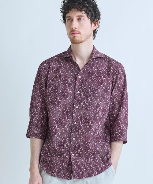 MEN'S BIGI（メンズビギ）の「千鳥格子xフラワープリント七分袖シャツ＜吸水速乾、ストレッチ＞（シャツ/ブラウス・メンズ・ブルー系その他/ワイン/ホワイト・02/01/04/03）」の3枚目の写真