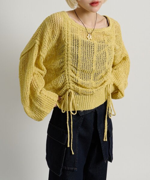 w closet（ダブルクローゼット）の「【5色展開】ラメメッシュドロストニット（ニット/セーター・レディース・グリーン/イエロー/グレー/オフホワイト/ピンク・FREE）」の4枚目の写真