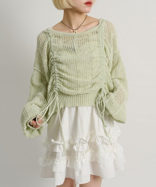 w closet（ダブルクローゼット）の「【5色展開】ラメメッシュドロストニット（ニット/セーター・レディース・グリーン/イエロー/グレー/オフホワイト/ピンク・FREE）」の3枚目の写真