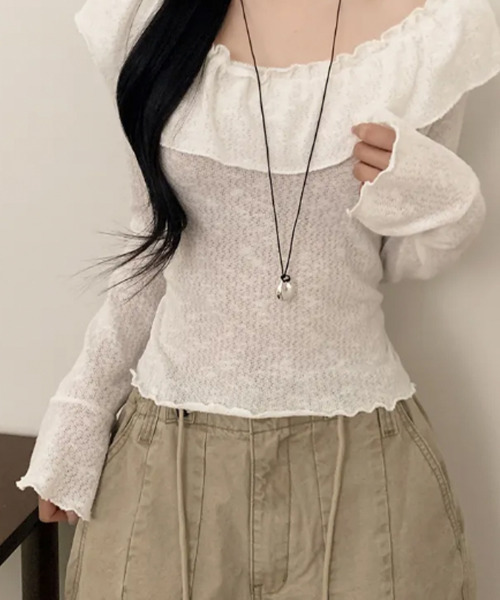 VIVID LADY(ビビッドレディー)の「フリル ボートネック トップス(Tシャツ/カットソー・レディース・ブラック/ピンク/アイボリー・FREE)」の4枚目の写真