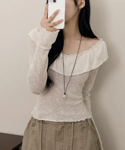 VIVID LADY(ビビッドレディー)の「フリル ボートネック トップス(Tシャツ/カットソー・レディース・ブラック/ピンク/アイボリー・FREE)」の5枚目の写真