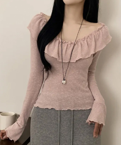 VIVID LADY(ビビッドレディー)の「フリル ボートネック トップス(Tシャツ/カットソー・レディース・ブラック/ピンク/アイボリー・FREE)」の7枚目の写真