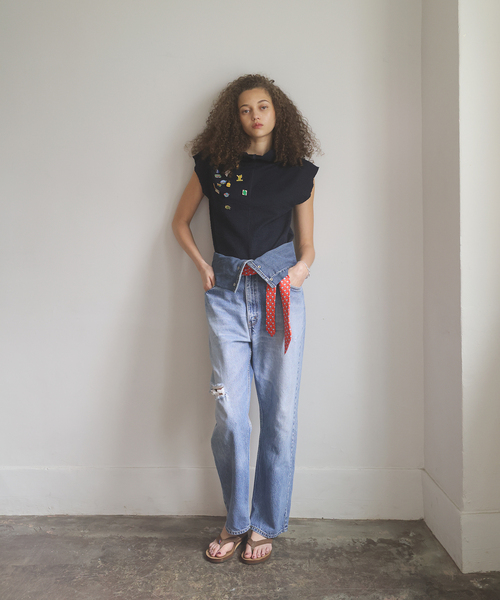 Bonum（ボナム）の「TWEED CUT STAND NECK TOPS：カットソー（Tシャツ/カットソー・レディース・ネイビー・FREE）」の4枚目の写真