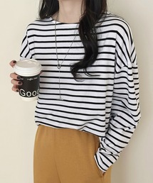 【アシメヘム/ルーズシルエット】ゆるっとドロップショルダー。長袖 ボーダー柄 ロング Tシャツ