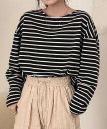 DAY CLOSET | 【アシメヘム/ルーズシルエット】ゆるっとドロップショルダー。長袖 ボーダー柄 ロング Tシャツ(Tシャツ/カットソー)