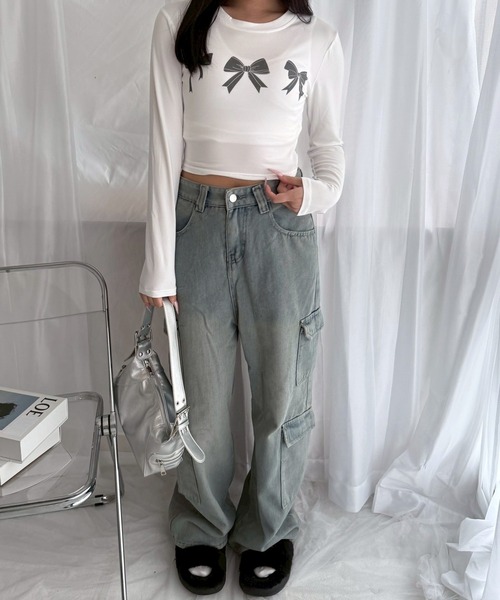 etta（エタ）の「シンプルリボンショート丈ロンT／長袖Tシャツ（Tシャツ/カットソー・レディース・ホワイト・MEDIUM）」の5枚目の写真