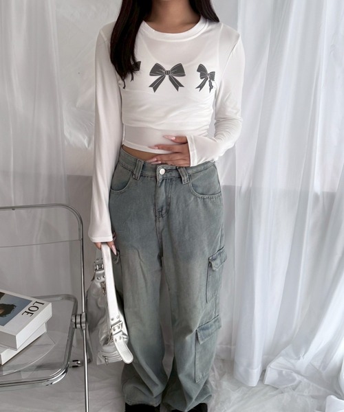 etta（エタ）の「シンプルリボンショート丈ロンT／長袖Tシャツ（Tシャツ/カットソー・レディース・ホワイト・MEDIUM）」の6枚目の写真
