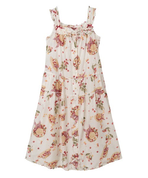 Pink House 花柄ノースリーブミディ丈綿ローンワンピース（中古品） さくらんぼの日曜日プリントノースリーブワンピース（ワンピース