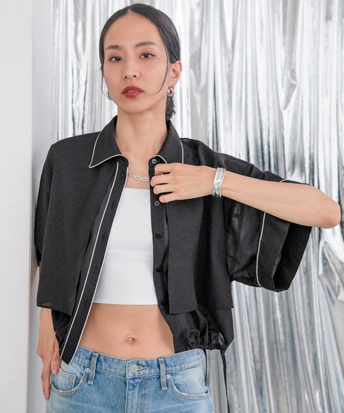 HEREIAM(ヘレイアム)の「【HEREIAM】トレンドのパジャマ風!パイピングシアーシャツ(シャツ/ブラウス・レディース・アイボリー/ミント/ブラック・FREE)」の2枚目の写真