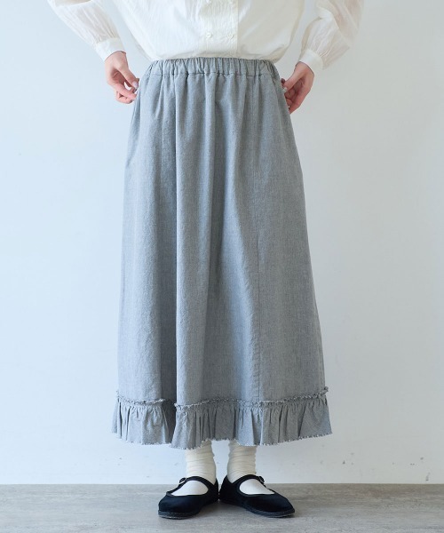 bulle de savon（ビュルデサボン）の「5oz INDIGO CHAMBRAY suso frill スカート（スカート・レディース・ネイビー/ホワイト/グレー・FREE）」の13枚目の写真