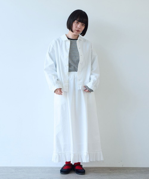 bulle de savon（ビュルデサボン）の「5oz INDIGO CHAMBRAY suso frill スカート（スカート・レディース・ネイビー/ホワイト/グレー・FREE）」の8枚目の写真