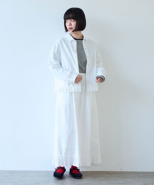 bulle de savon（ビュルデサボン）の「5oz INDIGO CHAMBRAY suso frill スカート（スカート・レディース・ネイビー/ホワイト/グレー・FREE）」の9枚目の写真