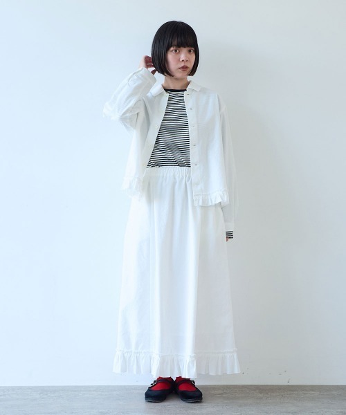 bulle de savon（ビュルデサボン）の「5oz INDIGO CHAMBRAY suso frill スカート（スカート・レディース・ネイビー/ホワイト/グレー・FREE）」の12枚目の写真