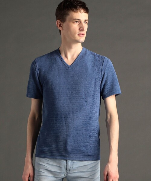 MONSIEUR NICOLE(ムッシュニコル)の「【canal deux Luxe】タックボーダー 半袖VネックTシャツ(Tシャツ/カットソー・メンズ・ブルー/ブラック・M/L/XL)」の2枚目の写真