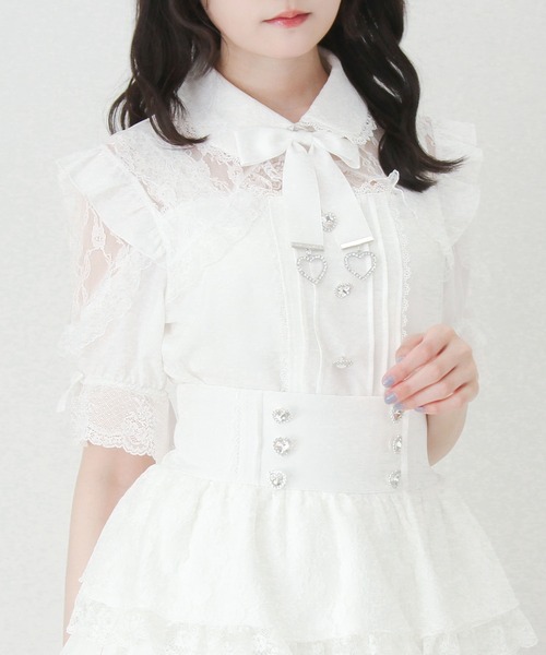 DearMyLove(ディアマイラブ)の「レースフリルハートビジューブラウス(シャツ/ブラウス・レディース・ブラック/ピンク/ホワイト・3L/LARGE/MEDIUM)」の1枚目の写真